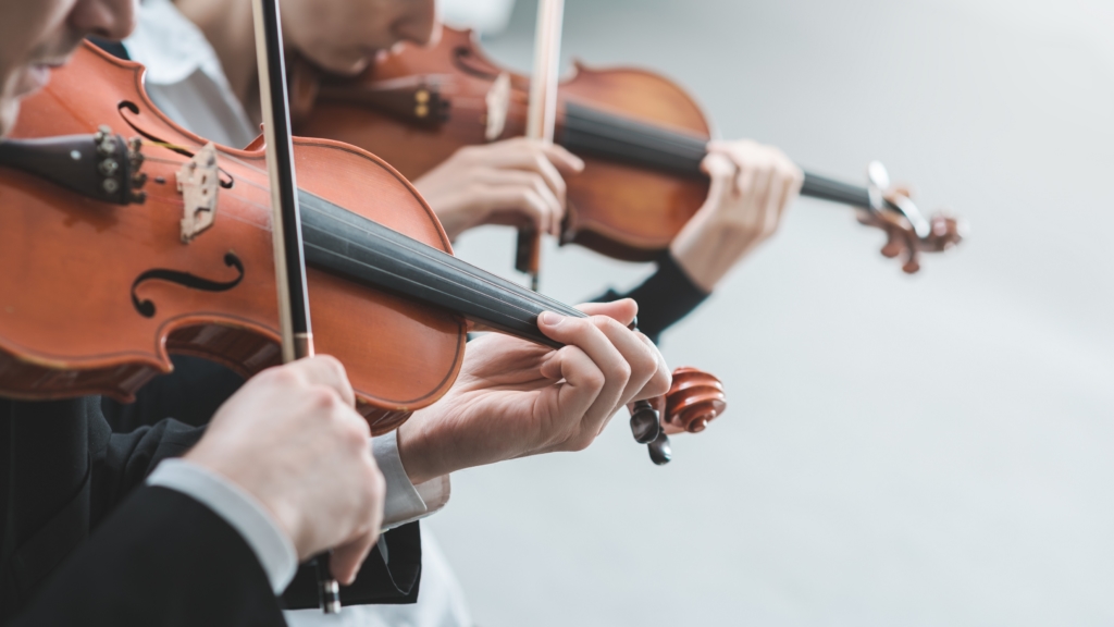 Two violinists performing together hands close up, classical music concert